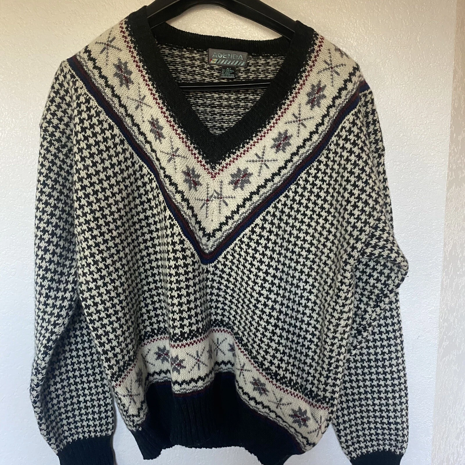 Agenda Men’s Wool Blend Multicolor Snowflake Houndstooth Pullover Sweater Sz XLT