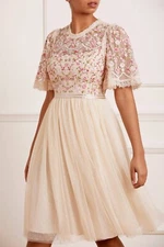 Needle & Thread Rosie Lace Bodice Short Sleeve Midi Dress Gown Floral Tulle 