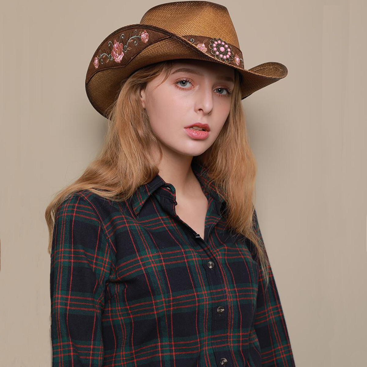 Cowgirl Hat Pink Flower Straw Vintage Western Party Concert Women's