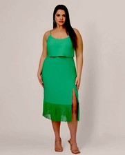 Adrianna Papell womens plus size 14W cocktail dress Kelly Green fringe trim $245