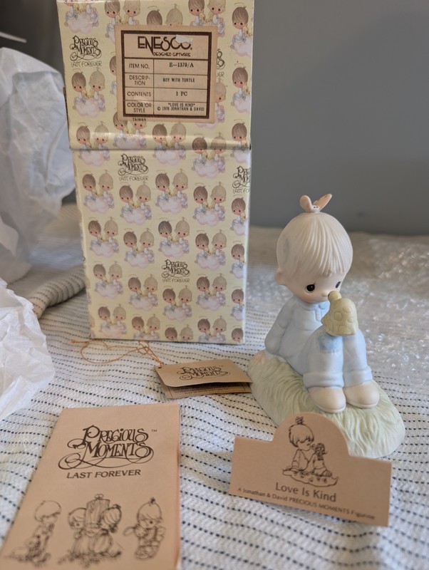 1977 Precious Moments "Love Is Kind" Boy Turtle Porcelain Boxed E-1379/A