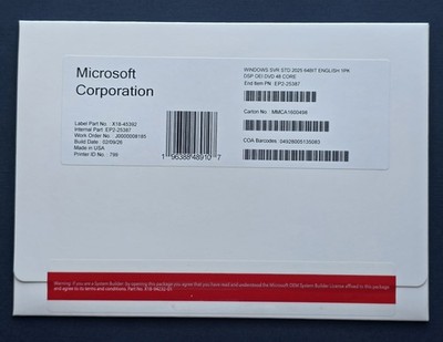 Microsoft Windows Server 2025 Standard 48 Core DVD+Sticker sealed  (NEW)