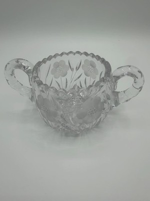 Vintage Floral Etched Glass Open Sugar Bowl Double Handled Scalloped Rim MCM