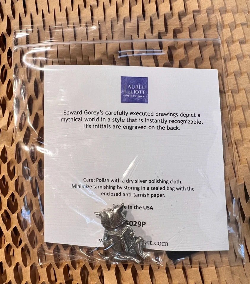 Laurel Elliott Cat Reading a Book Edward Gorey sterling silver pin NEW IN BAG! - Image 4 of 4