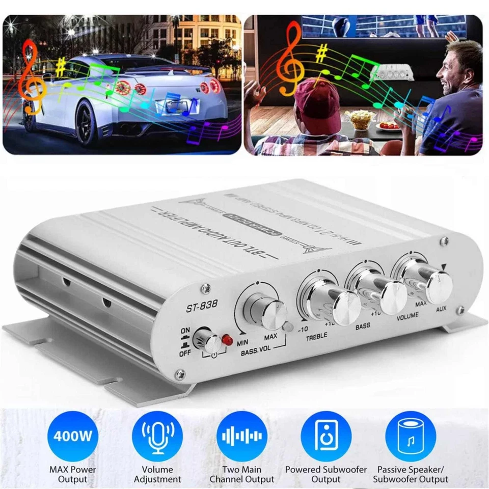 400W Mini Power ST-838 Amplifier Subwoofer 2.1Channel Stereo Audio HiFi Car Home - Image 2 of 4