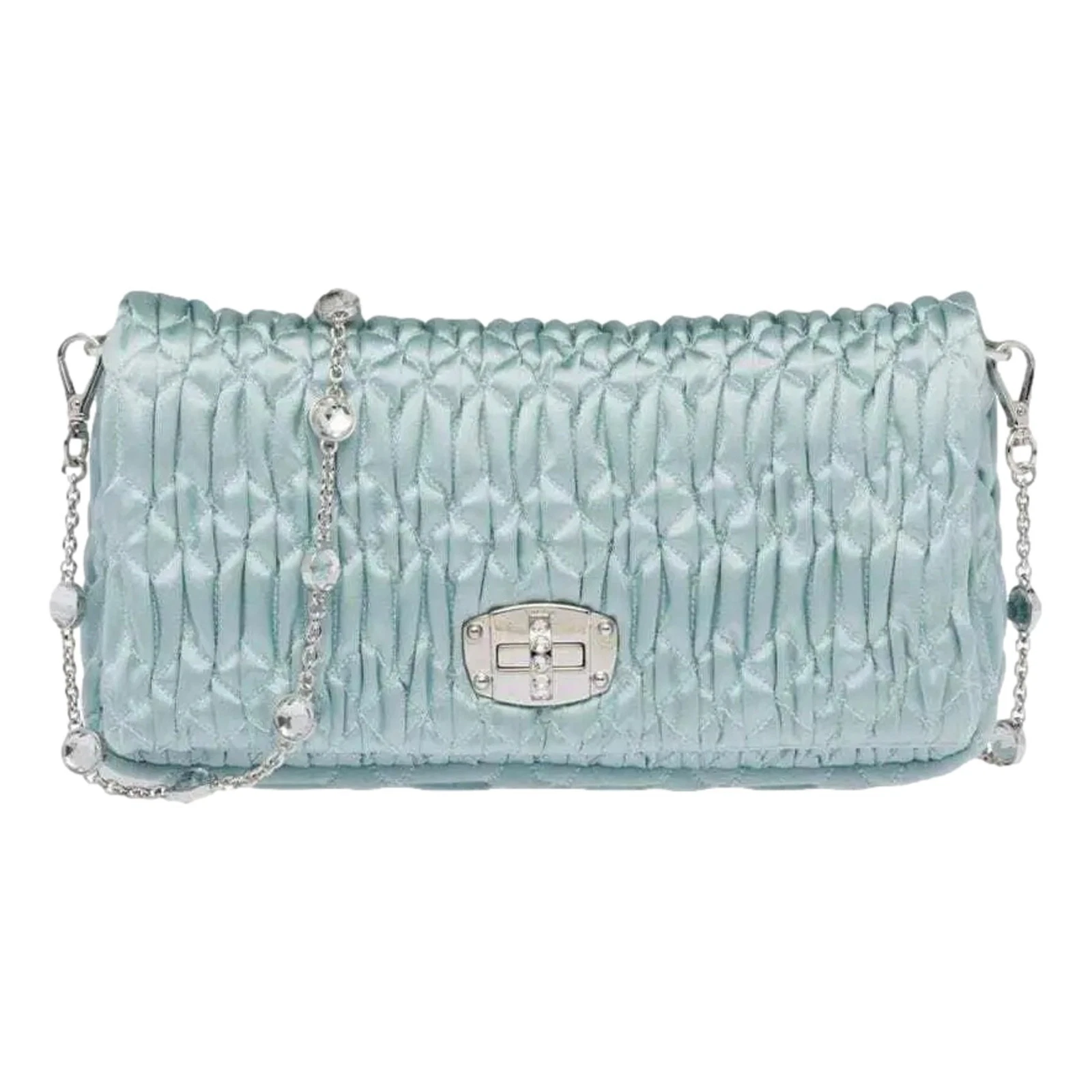 Miu Miu — Miu Miu Satin Quilted Crystal Embellished Chain Crossbody Light Blue NEW