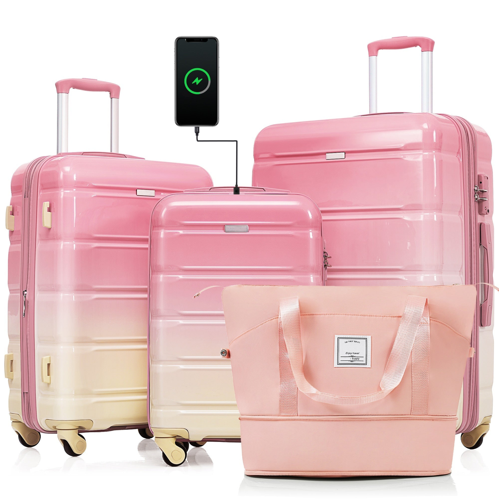 Luggage Sets 4 Piece, 20-inch with USB Port, Gradient Pink