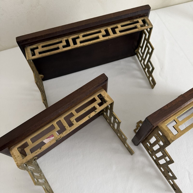 VTG Chinoiserie Brass Wood Wall Shelves Asian Pagoda Design Taiwan Set of 3 READ