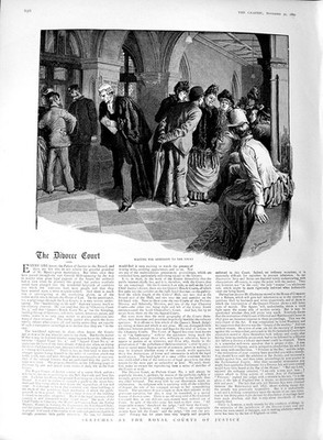 Original alter antiker Druck 1889 Szene Scheidungsgericht Königliche Gerichte Richter
