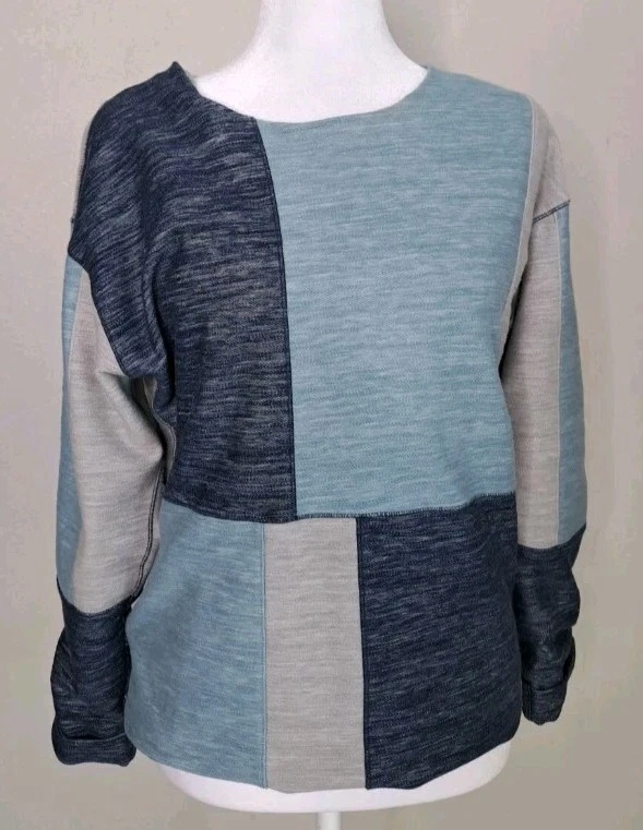 Jigsaw Sweatshirt Top Blue Colorblock Lined Long Sleeve Patchwork Boho Small - Image 3 of 4