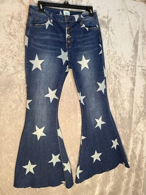 Women M Star Print Flare Jeans Button Raw Hem Festival Rock & Roll Bell Bottom 