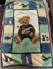 VTG Blue Jean Teddy Bear Overalls Airplane Toys Satin Plush Baby Blanket *Worn