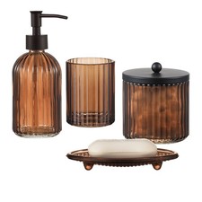 KMwares 4PCs Glass Bathroom Accessories Set Brown - Soap Dispenser Tumbler Dish