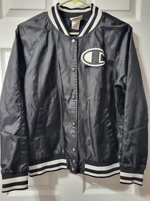 Champion Jacket Men s Size Small S Black White Button Up Varsity Bomber