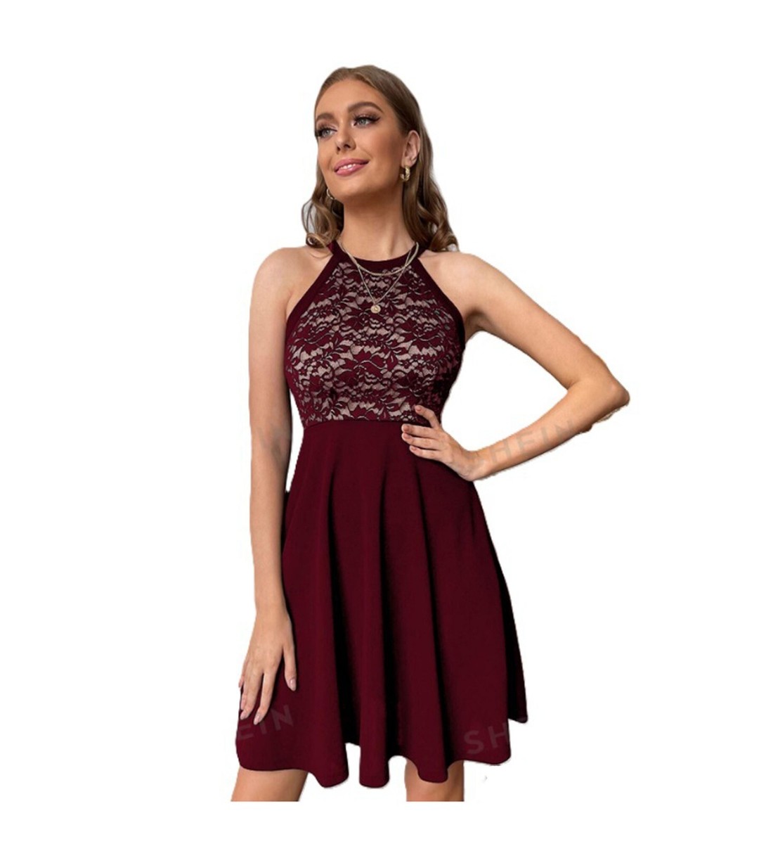 halter neck dress shein Privé Contrast Lace shein sage green dress