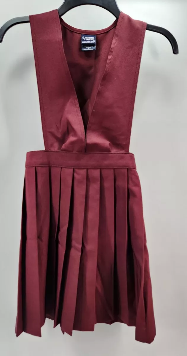French Toast Girls Uniform Burgundy V-Neck Pleated Jumper Dress Size 10