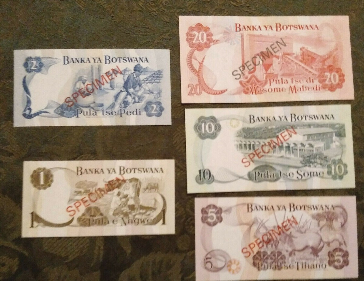 BOTSWANA・SPECIMEN・1・2・5・10・20プーラ【1979年】 BOTSWANA 1979 1 - 20 Pula Complete 5 Specimen Set CS1 P 1-5