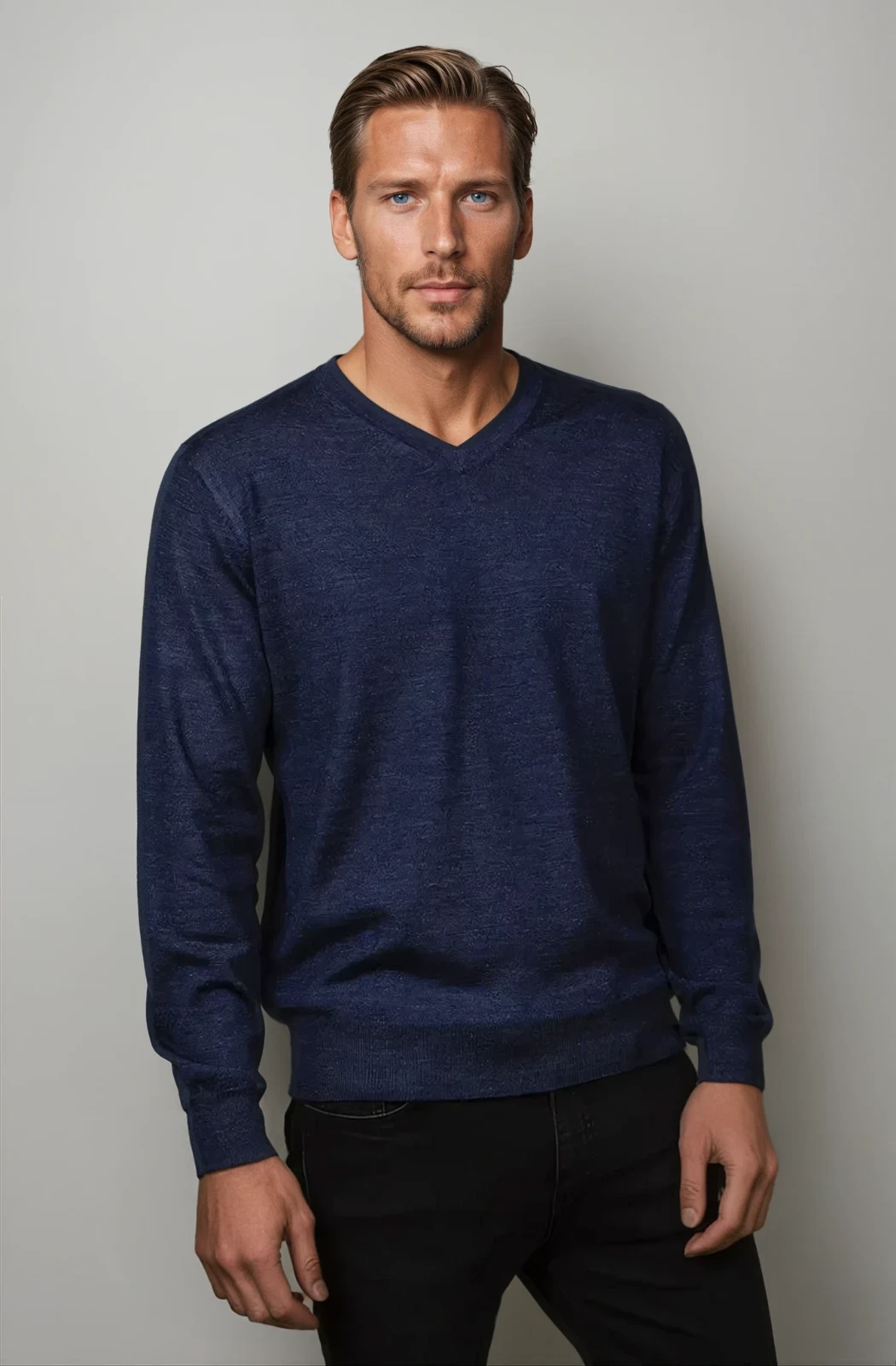 Denim Blue Ansett Australian Jumper Fine Weight Merino Wool V Neck Sweater Knit