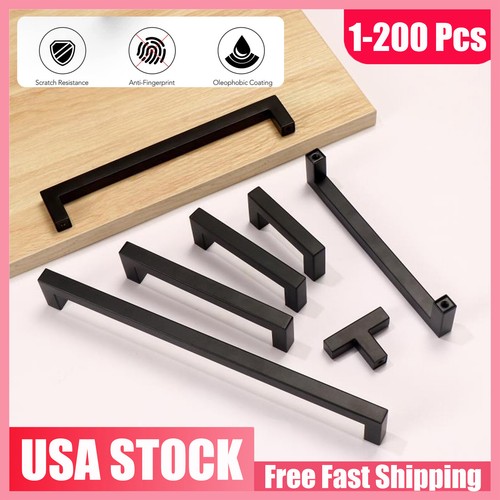 Matte Black Kitchen Cabinet Pulls Square Drawer Handle Knobs Stainless Steel NEW