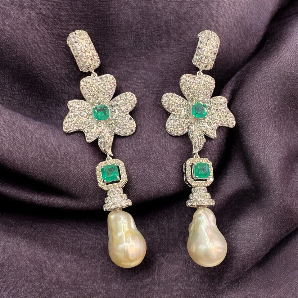 48,60 Karat Natürliche Weiß Saphir Smaragd-Perle Fleur Baumeln Ohrringe 18K Gold - Bild 2 von 4