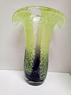 Teleflora Speckled Art Glass Vase Blue Green Flared Lip Hand Blown 8.25'' tall