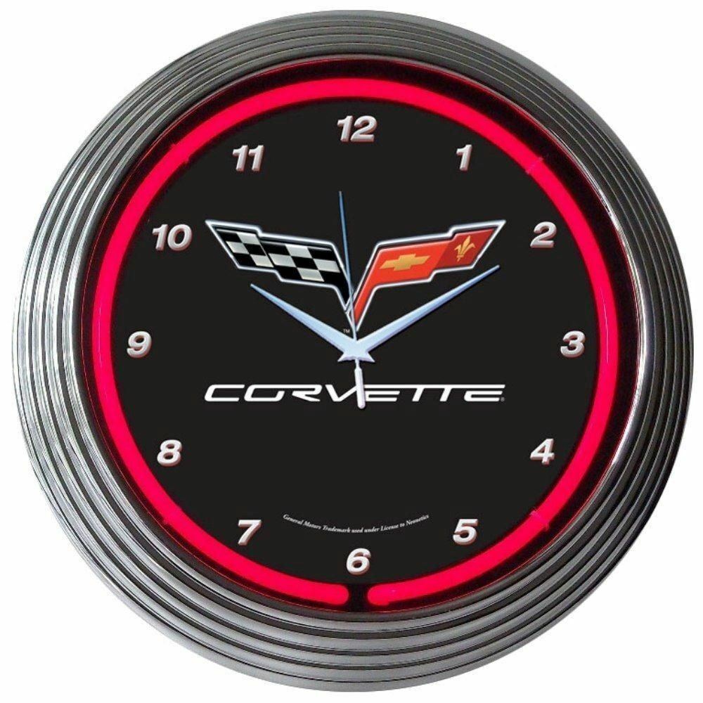 Corvette C6 Checkered 15" Neon Hanging Wall Clock 8CORV6