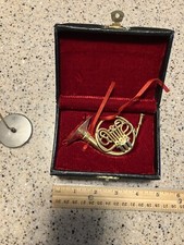 Miniature French Horn Brass Figurine In Red Velvet Lined Case Plus Display Stand