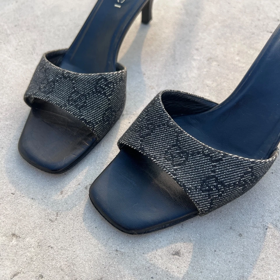 Gucci | Authentic Vintage Black Denim GG Monogram Pattern Mid Heel Mules (36.5) - Image 3 of 4