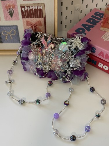Women’s Purple Unicorn Beaded Small Crossbody Bag Zip, Detachable Strap