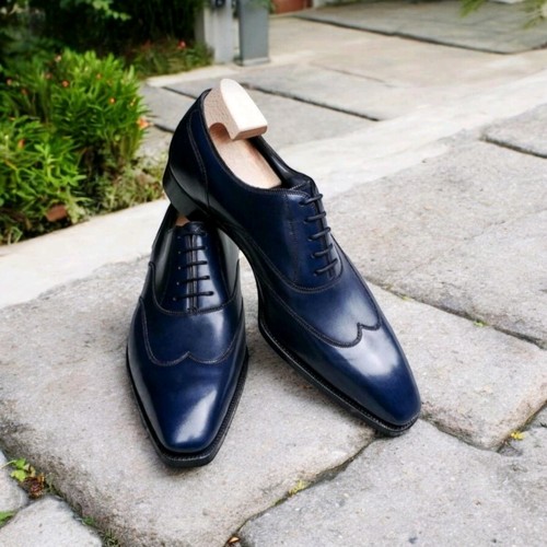 Handcrafted Men's Blue Leather Wingtip Lace Up Oxford Dress Party Formal Shoes - Picture 1 of 6