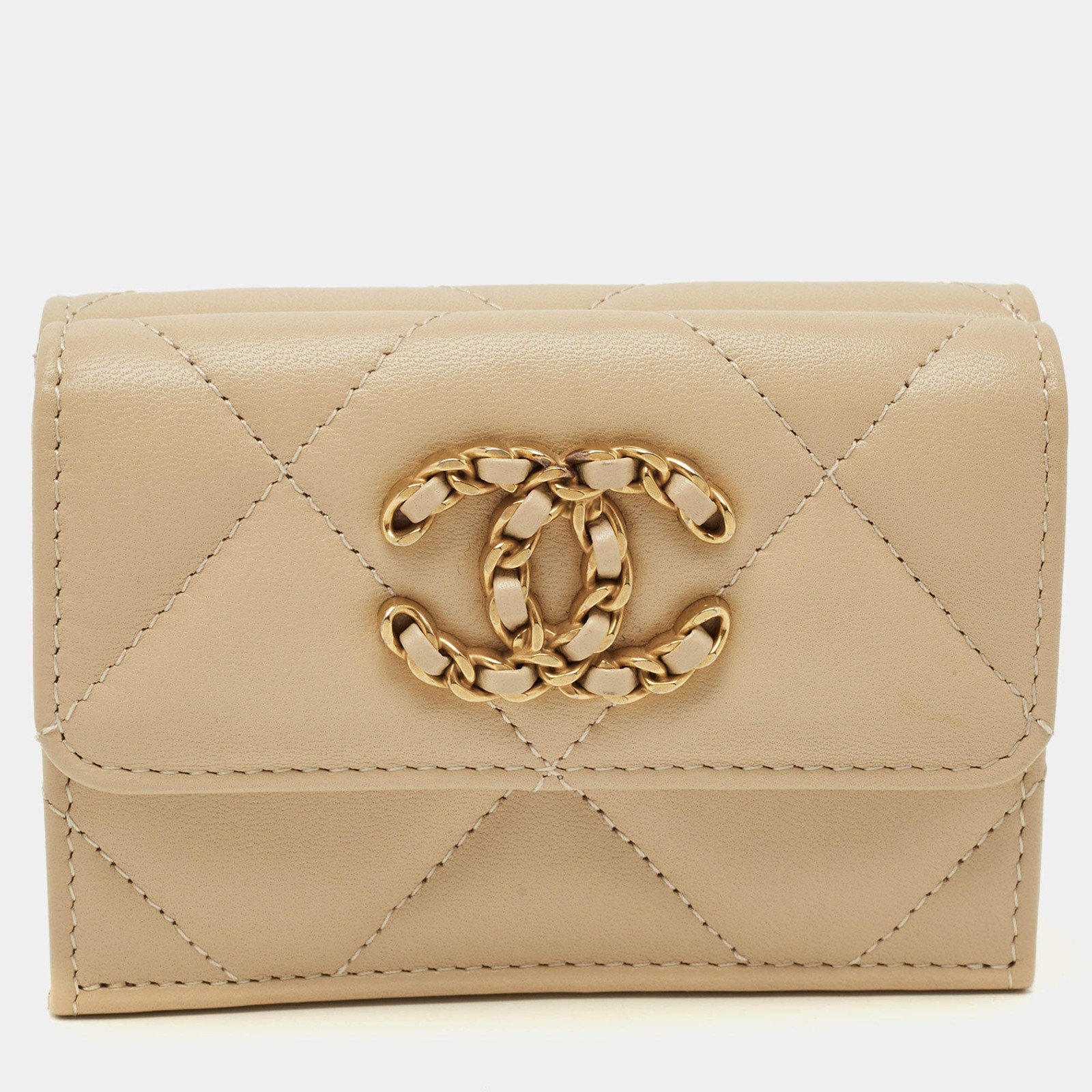 Chanel 19 Beige Quilted Leather Trifold Wallet