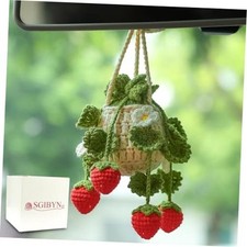 Crochet Hanging Plant for Car, Handmade Olive Green Leaves Strawberry