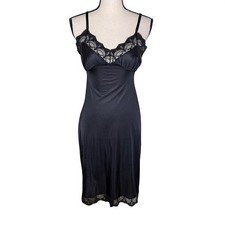 Vintage Slip Dress Black Satin and Lace 60's/70's Union Label Sz S 34 Coquette