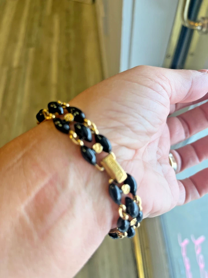 St. John Black Onyx and Gold Logo Bracelet Vintage - Image 4 of 4
