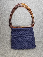 VINTAGE MACRAME KNIT Blue HANDBAG PURSE PLASTIC HANDLES