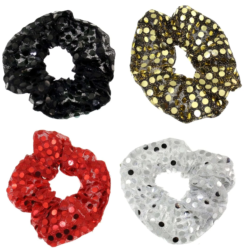ZAC'S ALTER EGO Set of 4 Sequin Hair Scrunchies - Black, Red, Silver & Gold