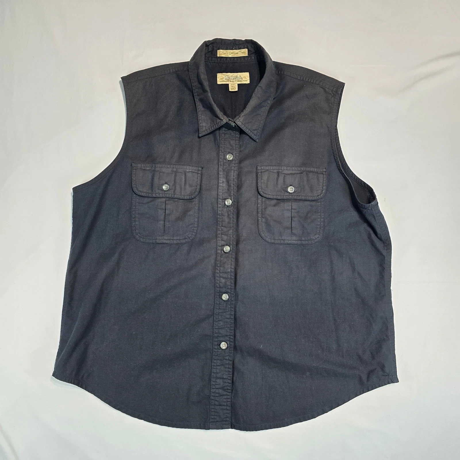Cabelas Soft Canvas Trail Sleeveless Shirt Mens 2XL Black Cotton Button Up Vest