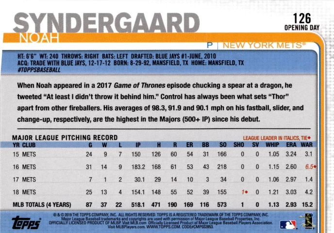 5 CARD LOT - 2019 Topps Opening Day - Noah Syndergaard #126 - Image 2 of 2
