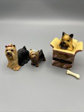 Yorkie Terrier Dogs Lot of 3 - 1 Hinged Porcelain Trinket Box 2 Small Figurines