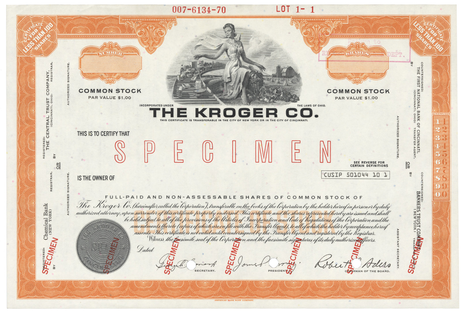 The Kroger Co. Stock Certificate.