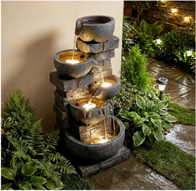 33'' Water Fountain Outdoor, 5-Tier Cascading Stacked Stone Bowl Waterfall Fount