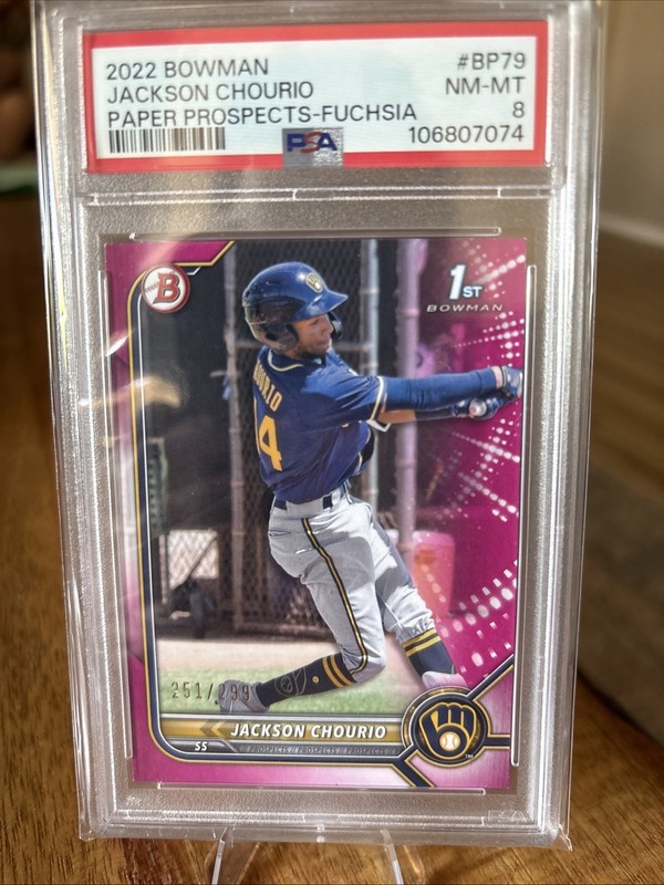 2022 Bowman Prospects Jackson Chourio #BP-79 Fuchsia Border /299 rookie RC PSA 8