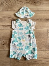 Unisex Baby Up To 1 Month Summer Outfit With Hat M&S Animals Short Dungarees GC