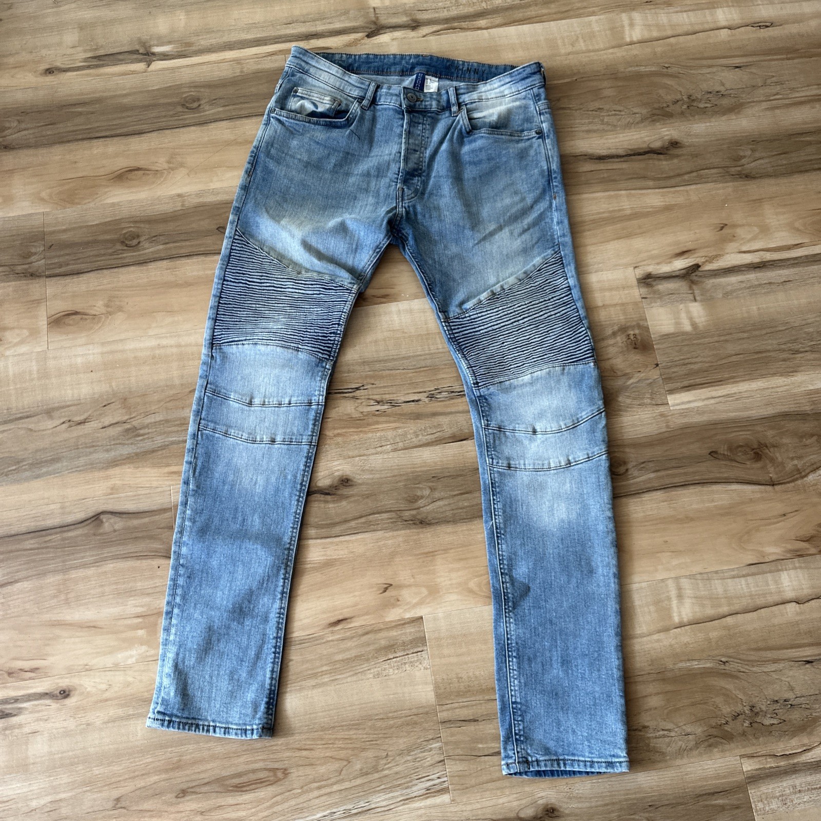 H&M Divided Skinny Moto Biker Jeans Men's 29 x 32 Blue Button Fly Light Wash