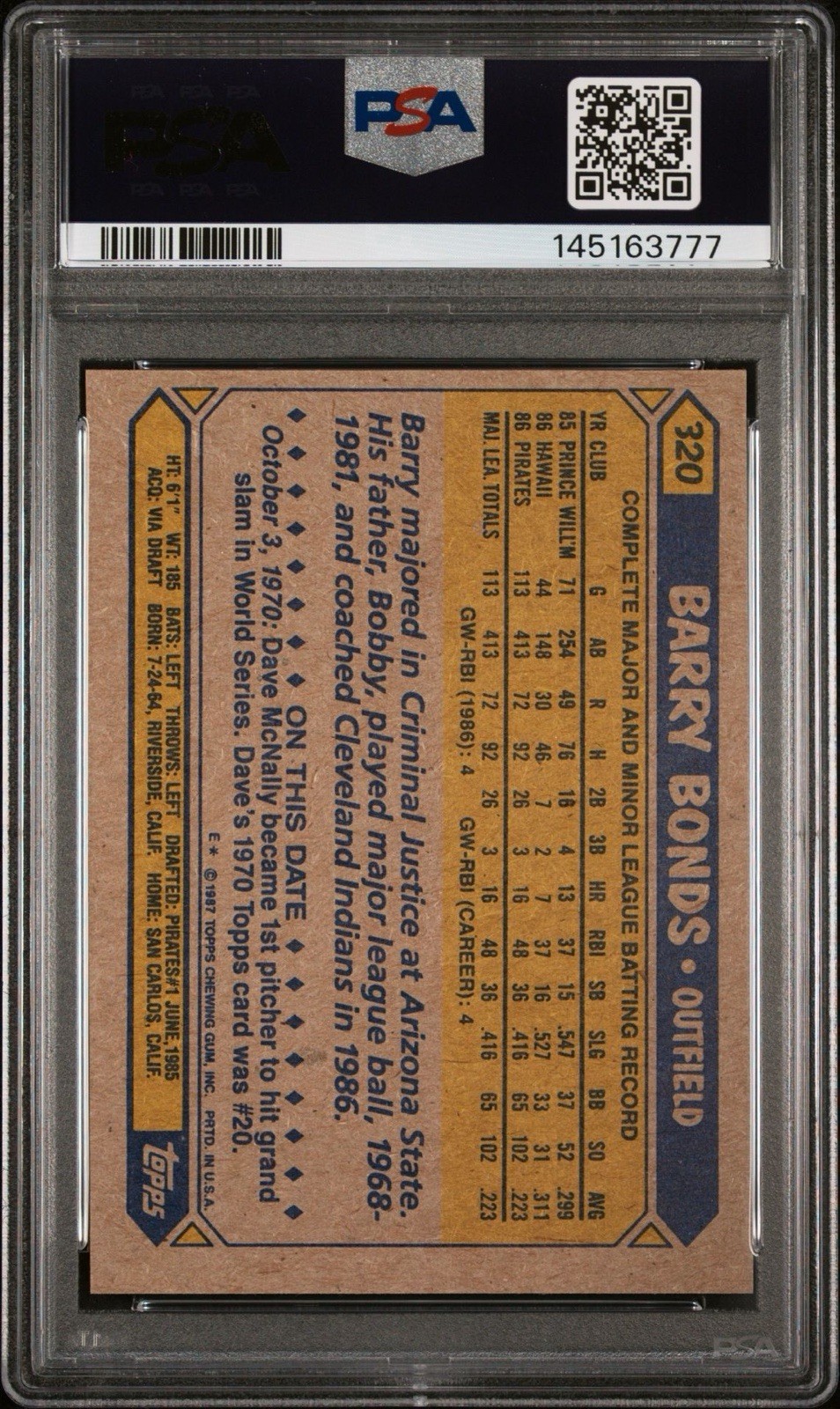 1987 Topps Barry Bonds RC #320 PSA 9 MINT Pittsburgh Pirates  view 2