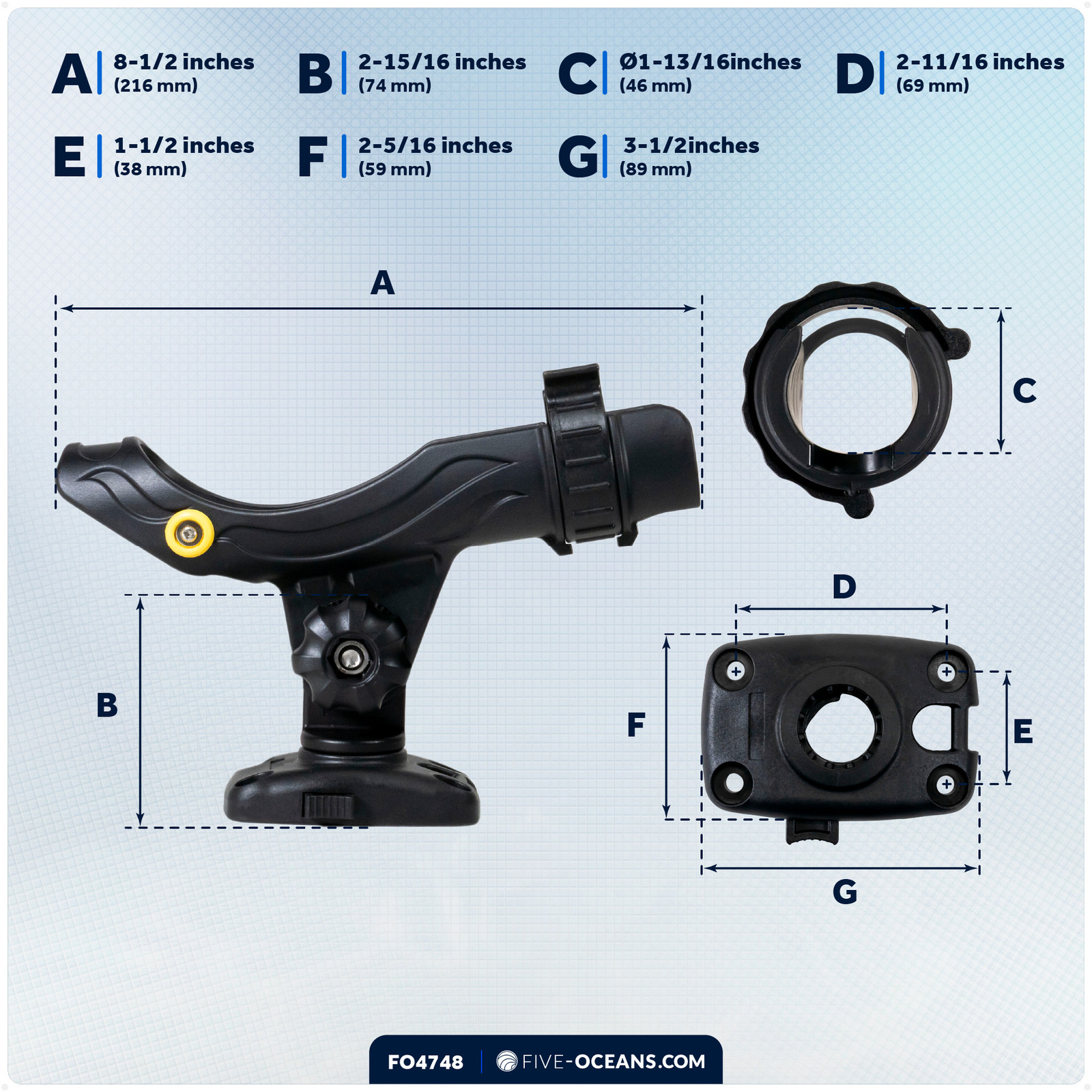 Deck Mount Kayak Rod Holder w/ Sliding-Lock Black, Large, Hook Keeper - FO4738