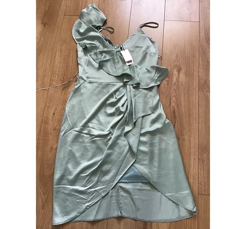New Abbey Clancy x Lipsy Size 16 Green Satin One Shoulder Ruffle Pencil Dress