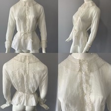 1900  s Edwardian White Cotton Sheer Blouse with Lace and Lace Ruffle Detail B 40