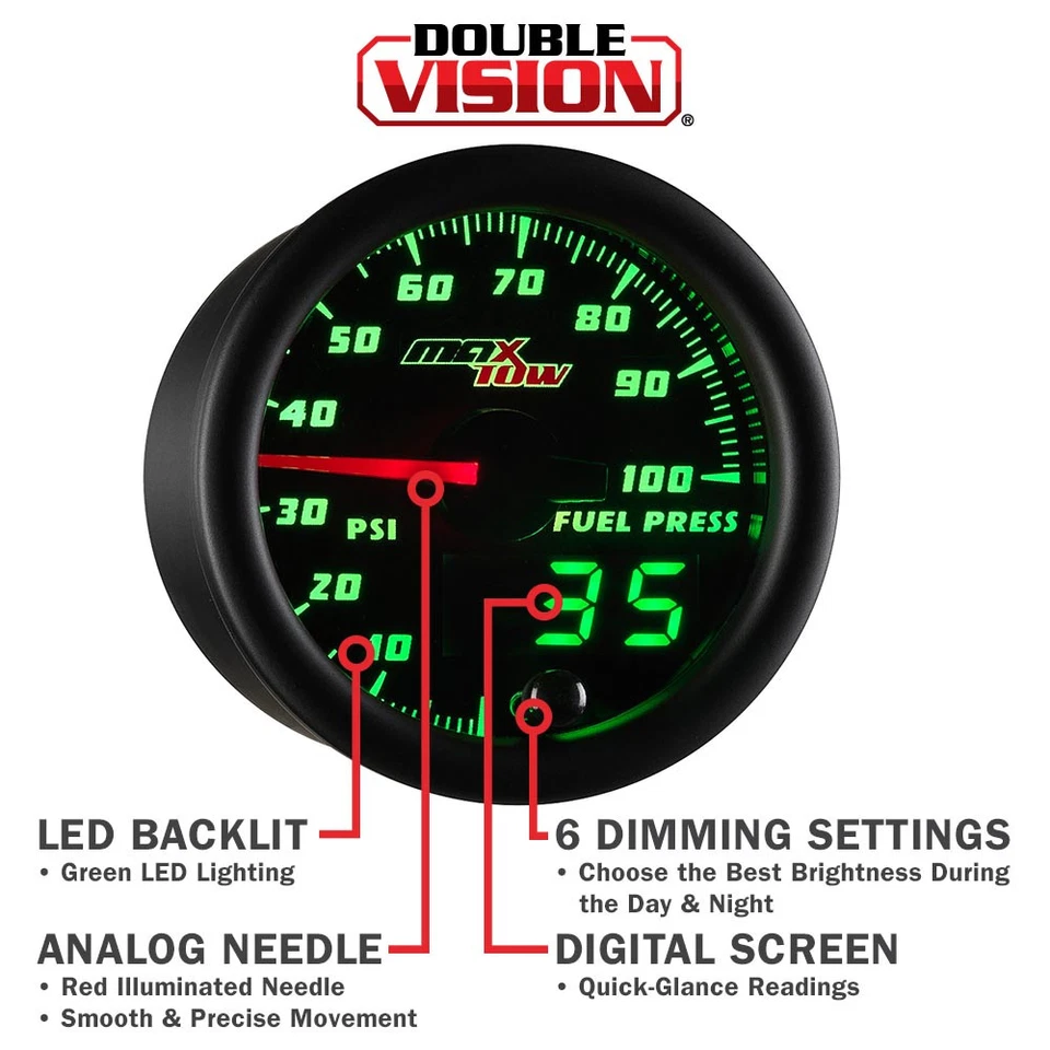 52mm MAXTOW DOUBLE VISION 100psi FUEL PRESSURE GAUGE - GREEN DIGITAL + ANALOG - Image 4 of 4
