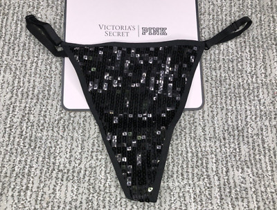 Victoria's Secret NWOT XL Black Sequin V String Thong Panty Shiny Sexy Bling